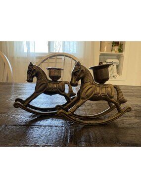 Vintage Brass Rocking Horse Taper Candle Holders Pair